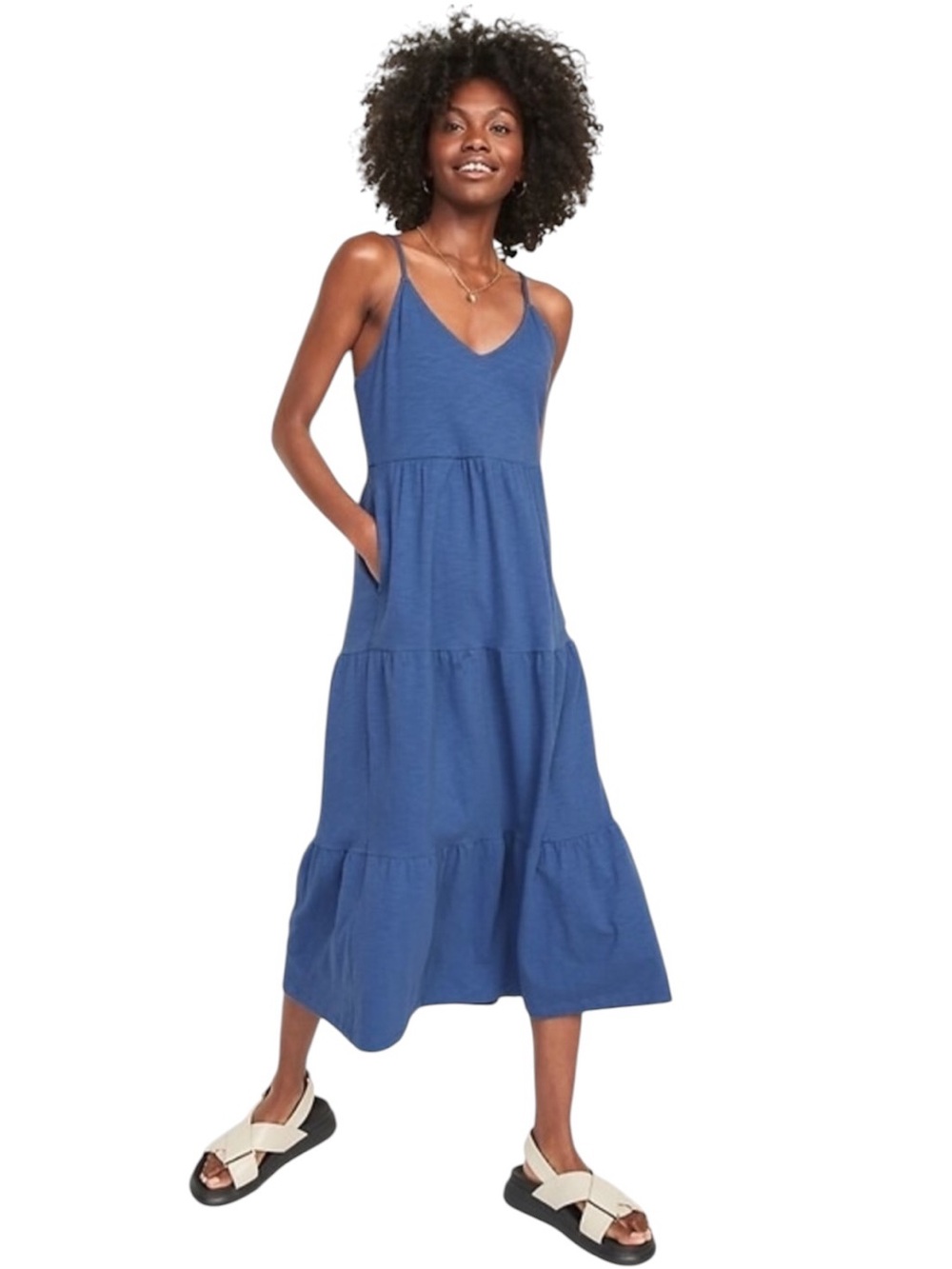 Old Navy blue slub knit tie back tiered midi cami swing dress Size M - Picture 2 of 12